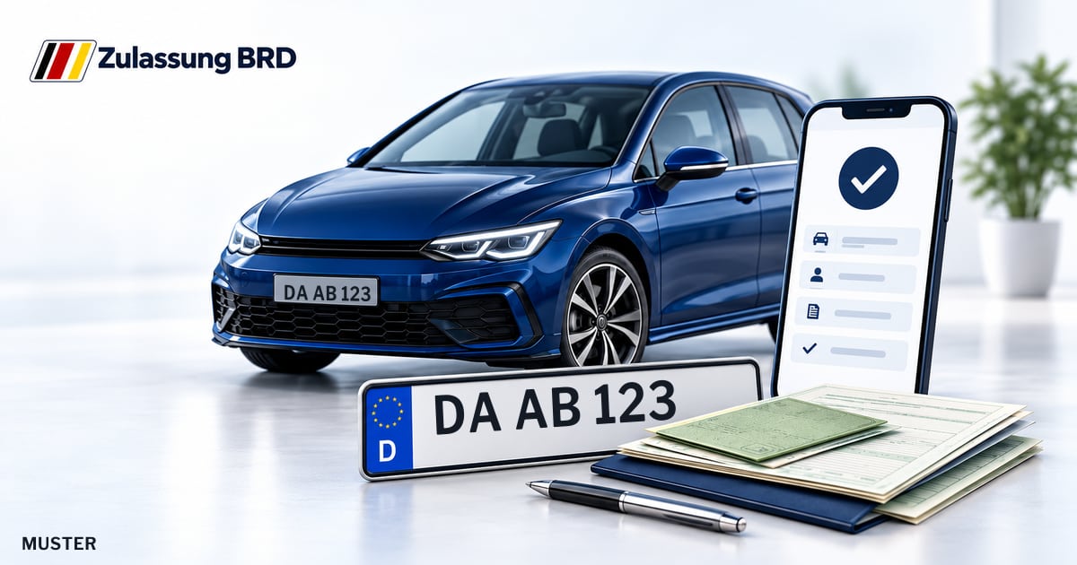 Online Fahrzeugzulassung in Landkreis Darmstadt-Dieburg: Musterkennzeichen DA AB 123, Auto und Fahrzeugpapiere und Smartphone. Illustration mit Logo von Zulassung BRD.